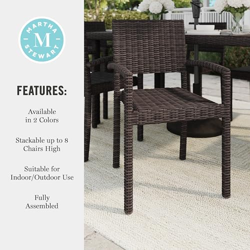 Martha Stewart Bedford Indoor-Outdoor Stackable Patio Armchairs with Rattan Wicker Finish in Brown, Set of 2