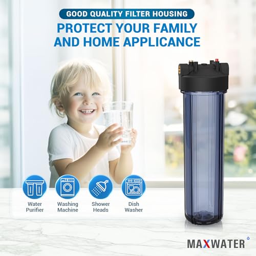 Max Water Whole House 20" x4.5" Purple Clear WH Water Filter Housing 1 inch Inlet/Outlet Ports Wrench and Bracket