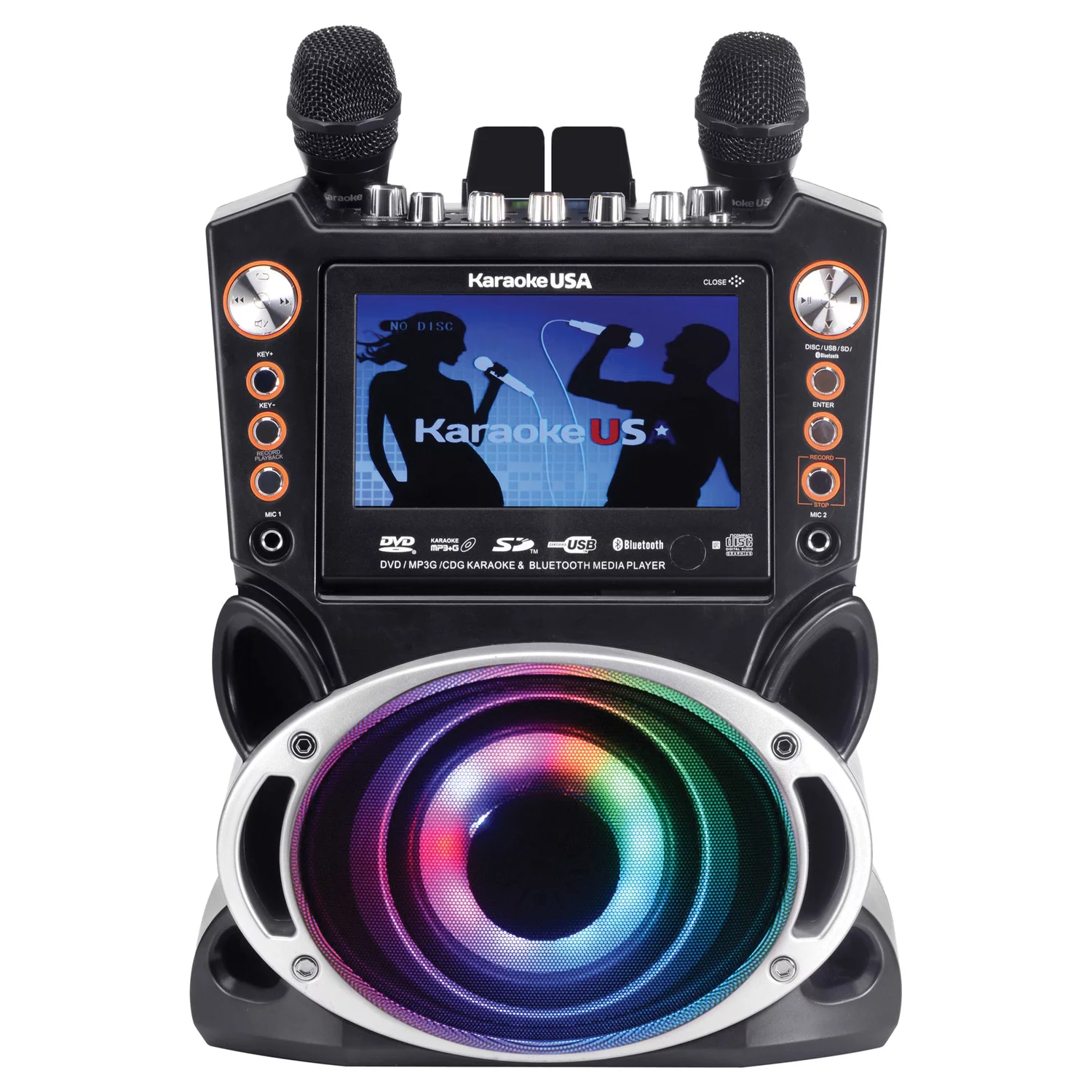 Karaoke USA DVD/CD+G/MP3+G Bluetooth 35-Watt Karaoke System with 7" TFT Digital Color Screen, LED Lights, HDMI Output and 2 Microphones, GF946