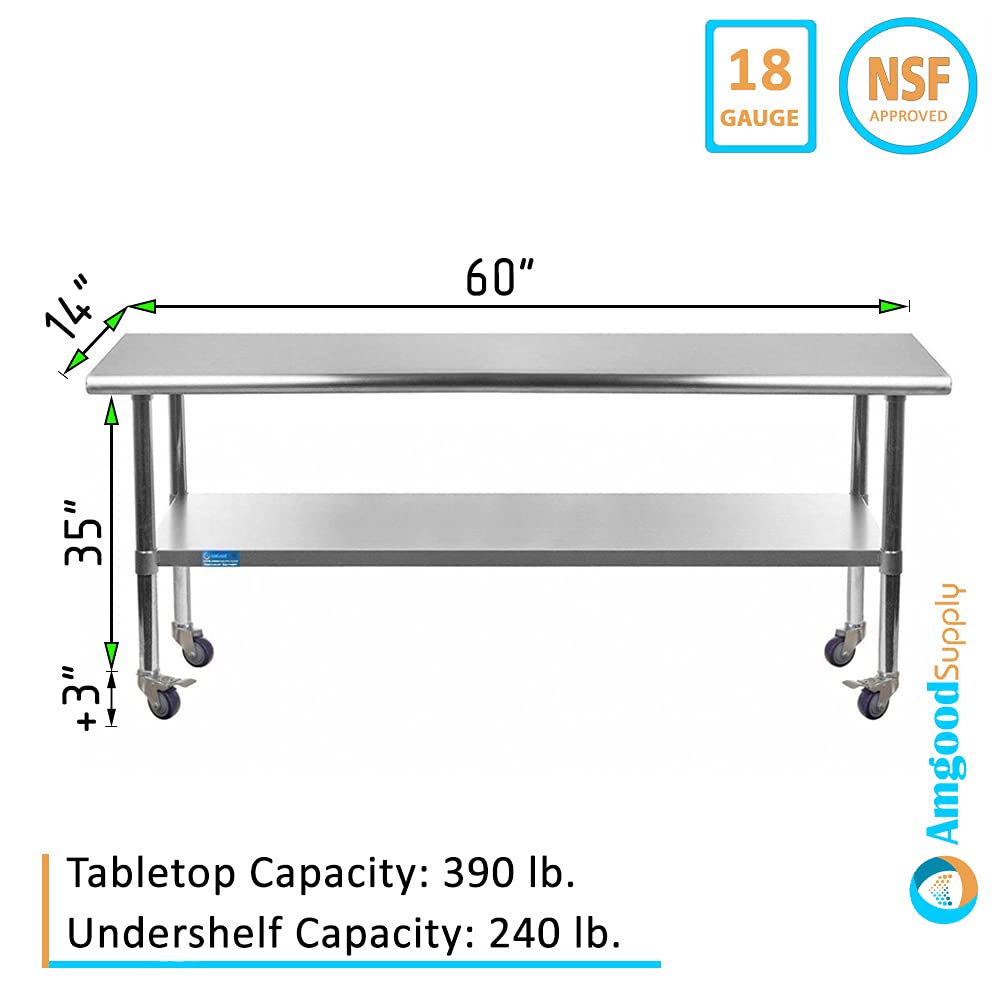 AmGood 18 x 48 Stainless Steel Work Table with Casters | Heavy Duty Metal Utility Table On Wheels | Kitchen Island Cart
