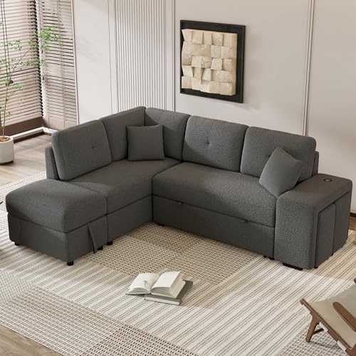DEINPPA Sleeper Sofa, Sectional Sleeper Sofa with Double Storage Ottoman and 2 Stools, L Shape Sofa Wireless Charger and Two Hidden USB Ports for Living Room, Chenille Fabric-Cream