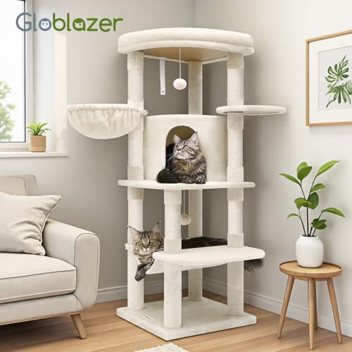 Globlazer Corner Cat Tree for Large Cats, 66inch Tall Curved Series Large Cat Tower for Multiple Indoor Cats with 6 Scratching Posts, 2 Spacious Cat Condos, Hammock, Hanging Basket, C66, Beige