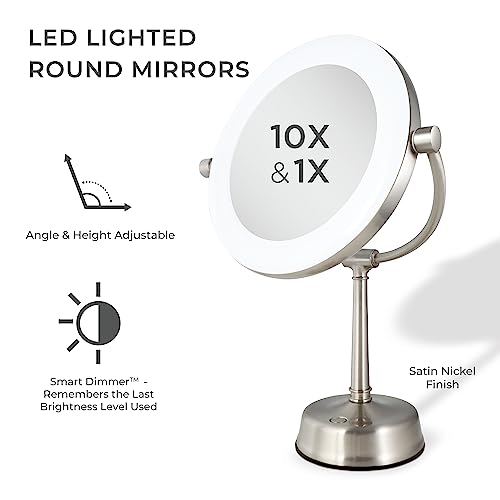 Zadro Lexington LED Lighted Makeup Mirror with Magnification Two-Sided Swivel Mirror with Lights for Makeup Desk Vanity (10X/1X, 12" W x 20" H, 10" Head, 7.5" Mirror, Satin Nickel)