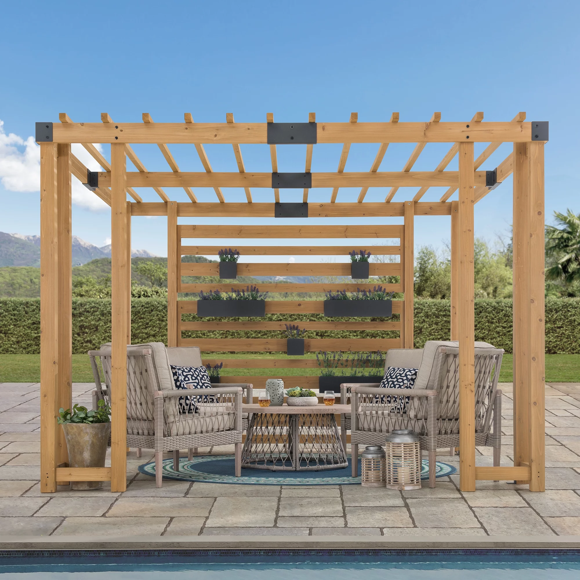 Sunjoy Sophia Outdoor Patio 10.5 ft. x 10 ft. Cedar Wood Pergola with Adjustable Hanging Planters