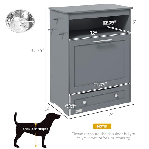 PawHut Pet Feeder Station Storage Cabinet, Dog Food Storage Container with Dog Raised Bowls and Hanger for Feeding & Watering Supplies, White