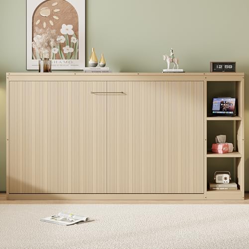 Wooden Murphy Cabinet Bed Frame with Charging Station, Full-Size Foldable Wall Bed with Large Storage Drawer for Home Apartment Limited Living Places, Space-Saving Hidden Bed No Box Spring Needed