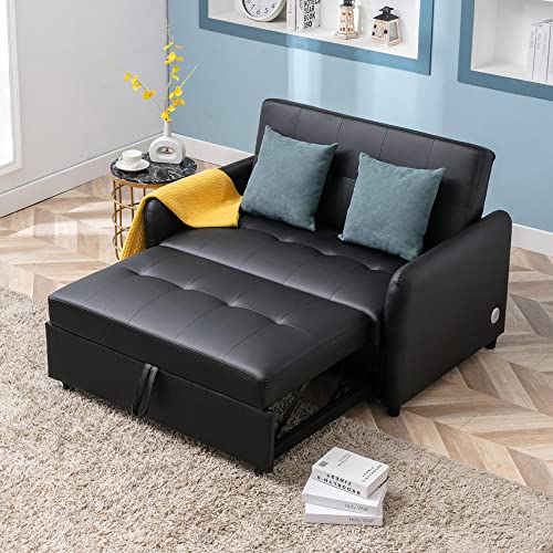 2-in-1 Pull-Out Sofa Bed, Loveseat Convertible Sofa, Convertible Lounge Chair, Sleeper Couch Bed with Dual USB Ports Adjustable Backrest, for Small Room Apartment, Easy Assembly, Brown
