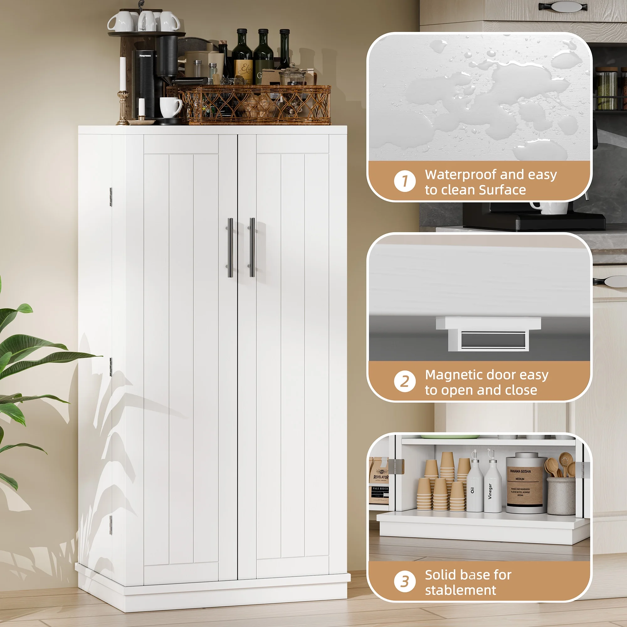 Walsunny 47" Kitchen Pantry Farmhouse Storage Cabinet with Adjustable Shelves, Racks and Doors Freestanding Kitchen Hutch Cupboard White - Curated Treasures Market
