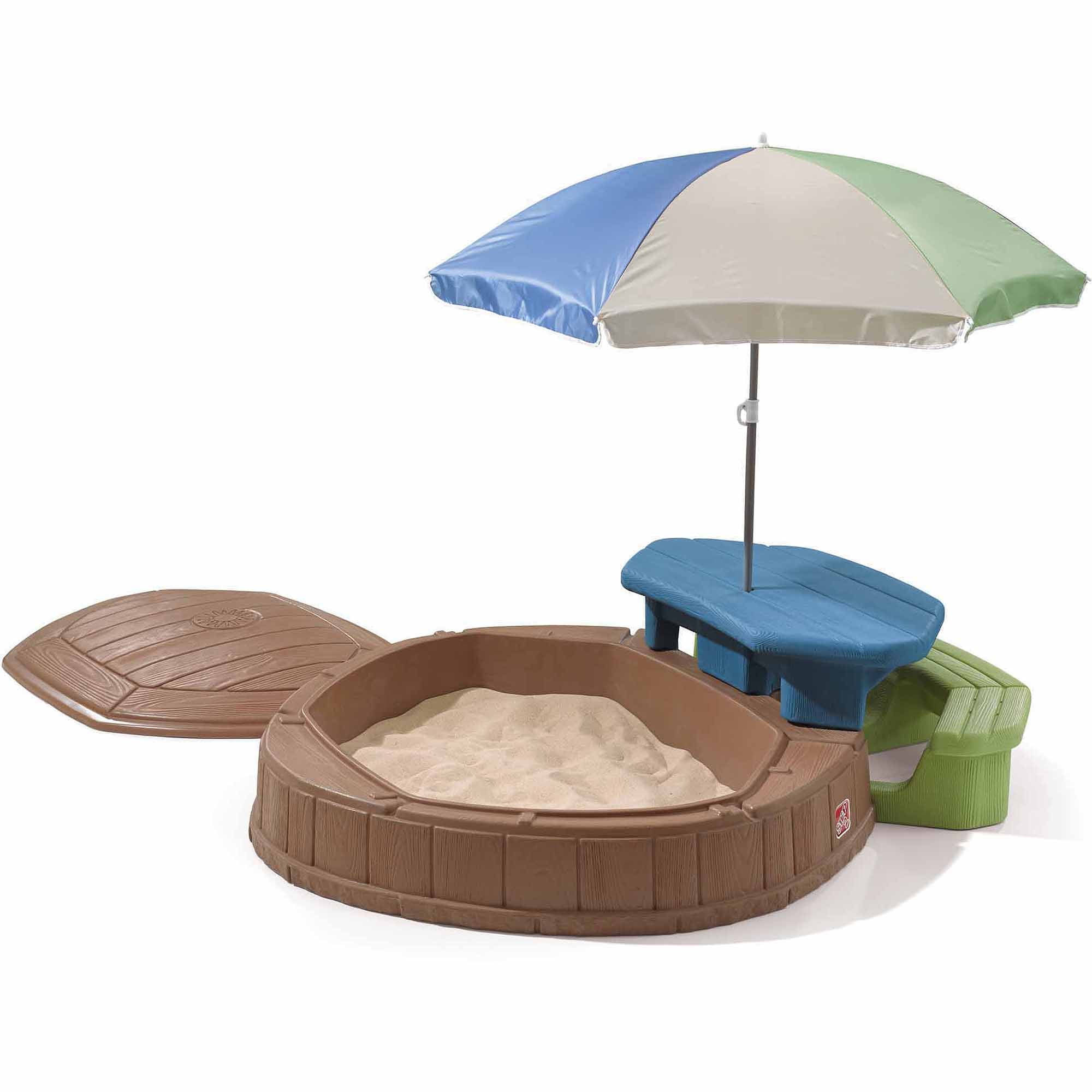 Step2 Summertime Play Center and Brown Plastic Sandbox for Kids with Cover Picnic Table and Umbrella - Curated Treasures Market