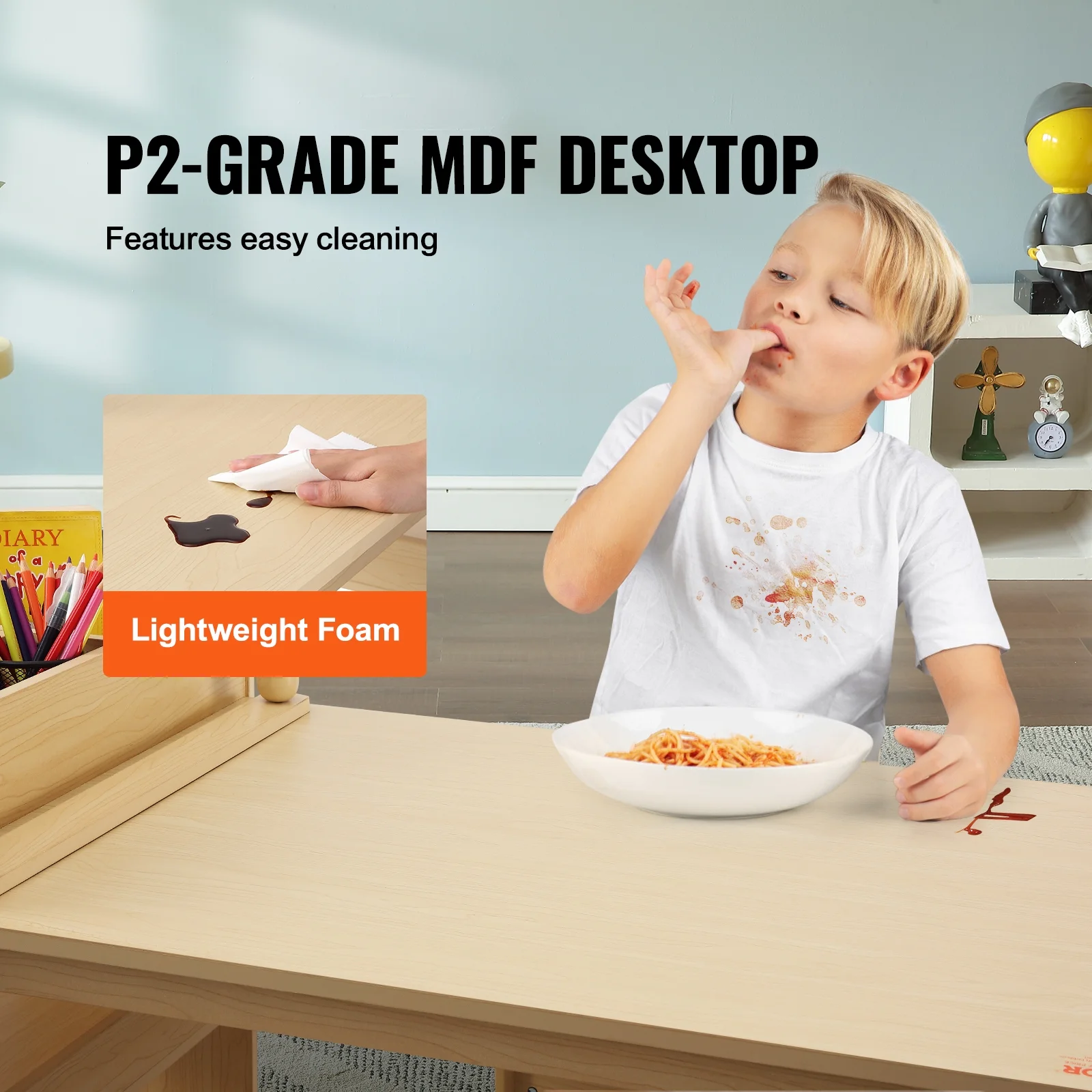 SKYSHALO 2-in-1 Kids Art Table and 2 Chairs Toddler Craft Set and Wooden Play Activity Drawing Table with A Cabinet Paper Roll Storage Bins