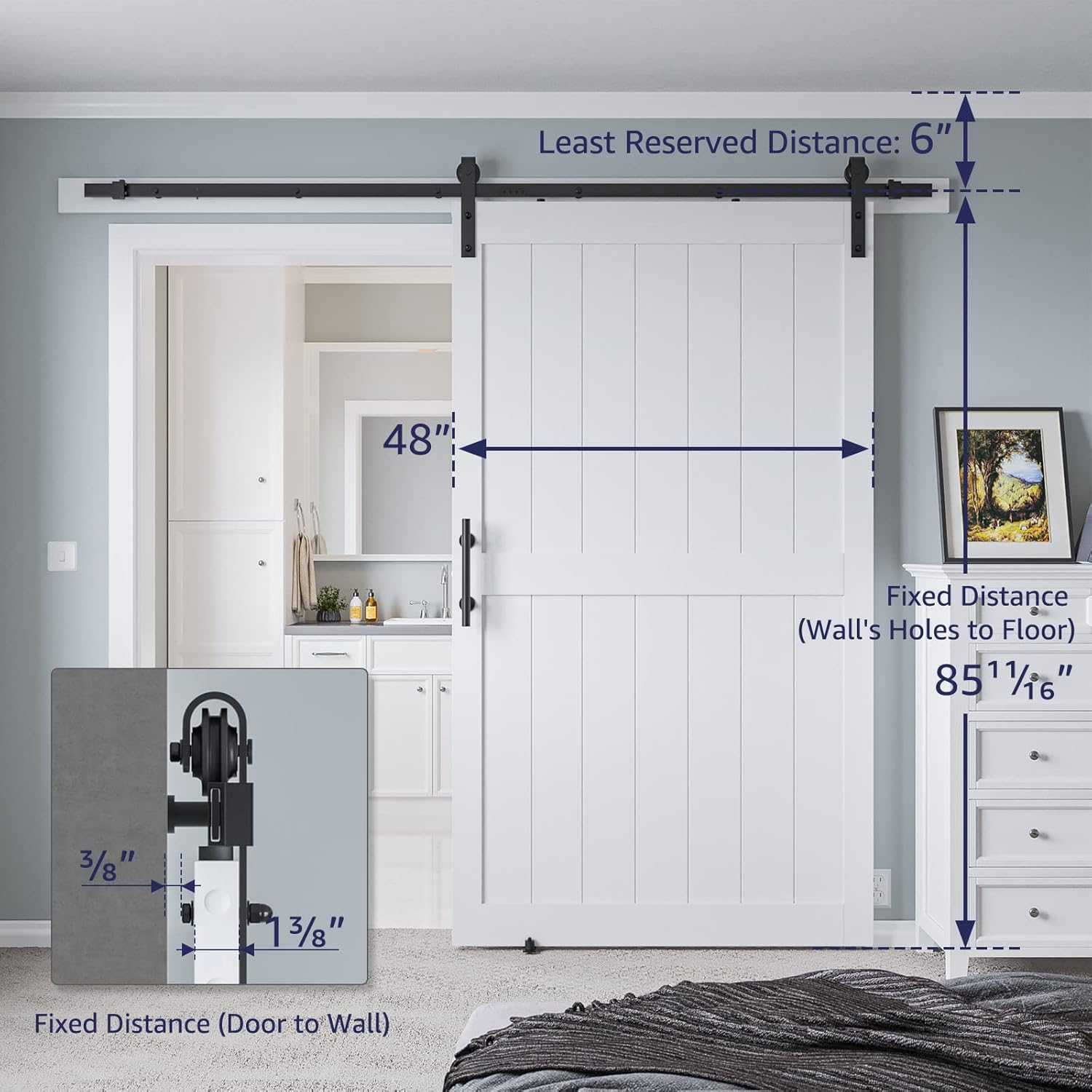48in x 84in MDF Sliding Barn Door with 8ft Barn Door Hardware Kit & Handle, Pre-Drilled Holes Easy Assembly -Solid Barn Door Slab Covered with Water-Proof PVC Surface, White, H-Frame