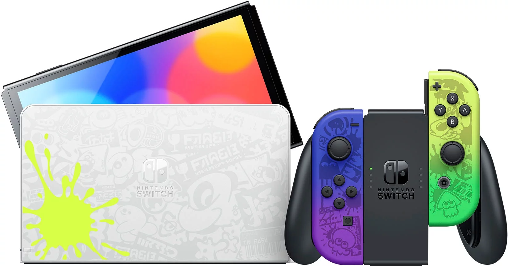 2022 Nintendo Switch OLED Splatoon 3 Limited Edition with Splatoon 3 Game, Blue & Yellow Gradient Joy-Con 64GB Console, LAN-Port Graffiti-themed Dock, Mytrix Bamboo Wireless Pro Controller & Accessory