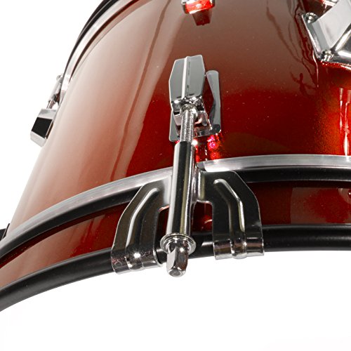 Mendini By Cecilio Kids Drum Set, 3 Piece Junior Drum Set for Beginners with Bass Tom Snare Drum, 16 inch Drum Kit with Snare, Cymbal, Drumsticks, Adjustable Seat (Metallic Red)