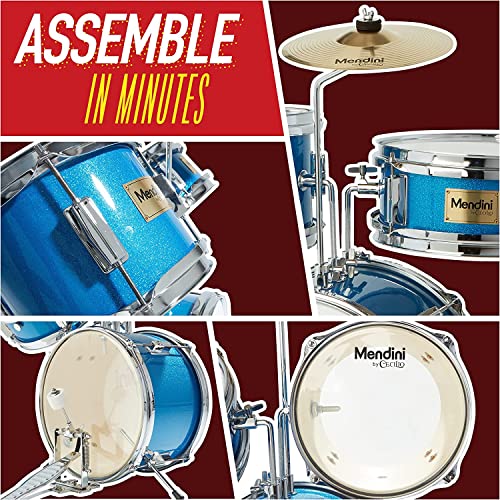 Mendini By Cecilio Kids Drum Set, 3 Piece Junior Drum Set for Beginners with Bass Tom Snare Drum, 16 inch Drum Kit with Snare, Cymbal, Drumsticks, Adjustable Seat (Metallic Red)
