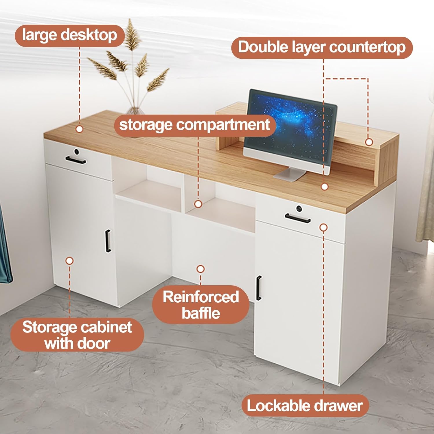 Reception Room Tables with LED Lights, Checkout Counter Desk, Front Counter Desk with Lockable Drawers, Modern Large Counter Table, for Salon Store Shop Clinic Office Retail Lobby Beauty (C 1)