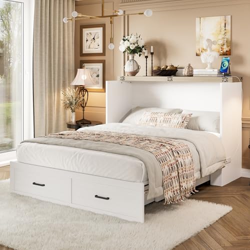 Bellemave Queen Murphy Bed, Cabinet Bed with Charging Station and Storage, Farmhouse Murphy Cabinet with Foldable Panel, Noisy Free, for Guest Bedroom, Living Room, Office, Rustic Gray