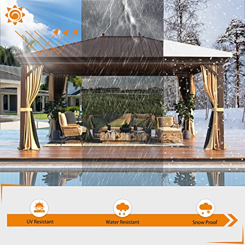 MELLCOM 12'x16' Hardtop Gazebo, Galvanized Steel Metal Double Roof Canopy with Curtains and Netting, Brown Permanent Pavilion Gazebos with Aluminum Frame for Garden, Patio, Lawns, Deck