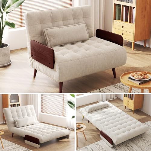 3-in-1 Convertible Chair Bed Sleeper for Adults, Linen Convertable Sleeper Chair with Wooden Arms & Pillows, Foldable Single Futon Sofa Bed (Mid Century with Walnut Arm, 36.6" Wide)