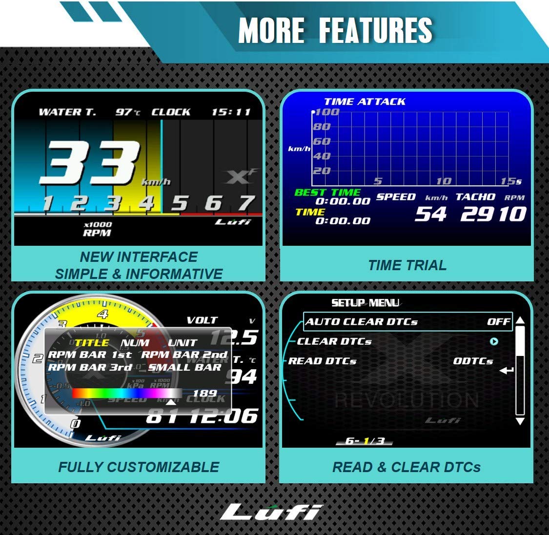 Lufi XF Revolution OBD2 Gauge Display, Multi-Data Monitor, Head Up Display, Highly Customizable, Accurate and Fast Response [for Cars 2009 and After]