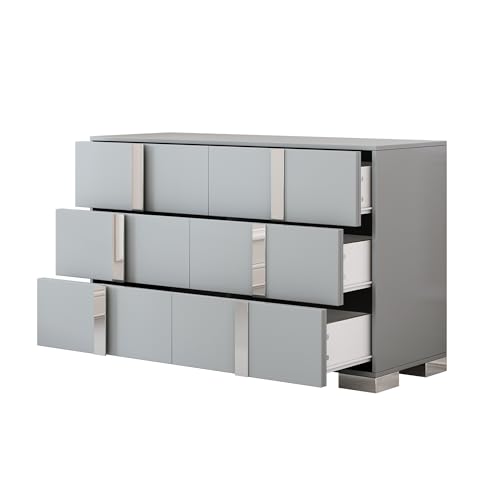 4-Piece Bedroom Furniture Set, Queen Wood Upholstered Bed with LED Lights, 2 Mirrored Nightstands, 6-Drawer Dresser with Metal Handles and Legs (Grey)
