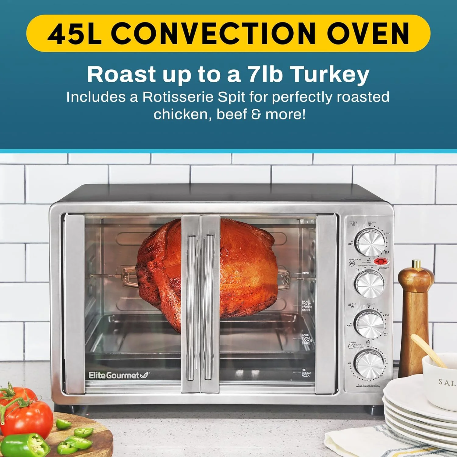 French Door 47.5Qt, 18-Slice Convection Oven 4-Control Knobs, Bake Broil Toast Rotisserie Keep Warm, Includes 2 x 14" Pizza Racks,