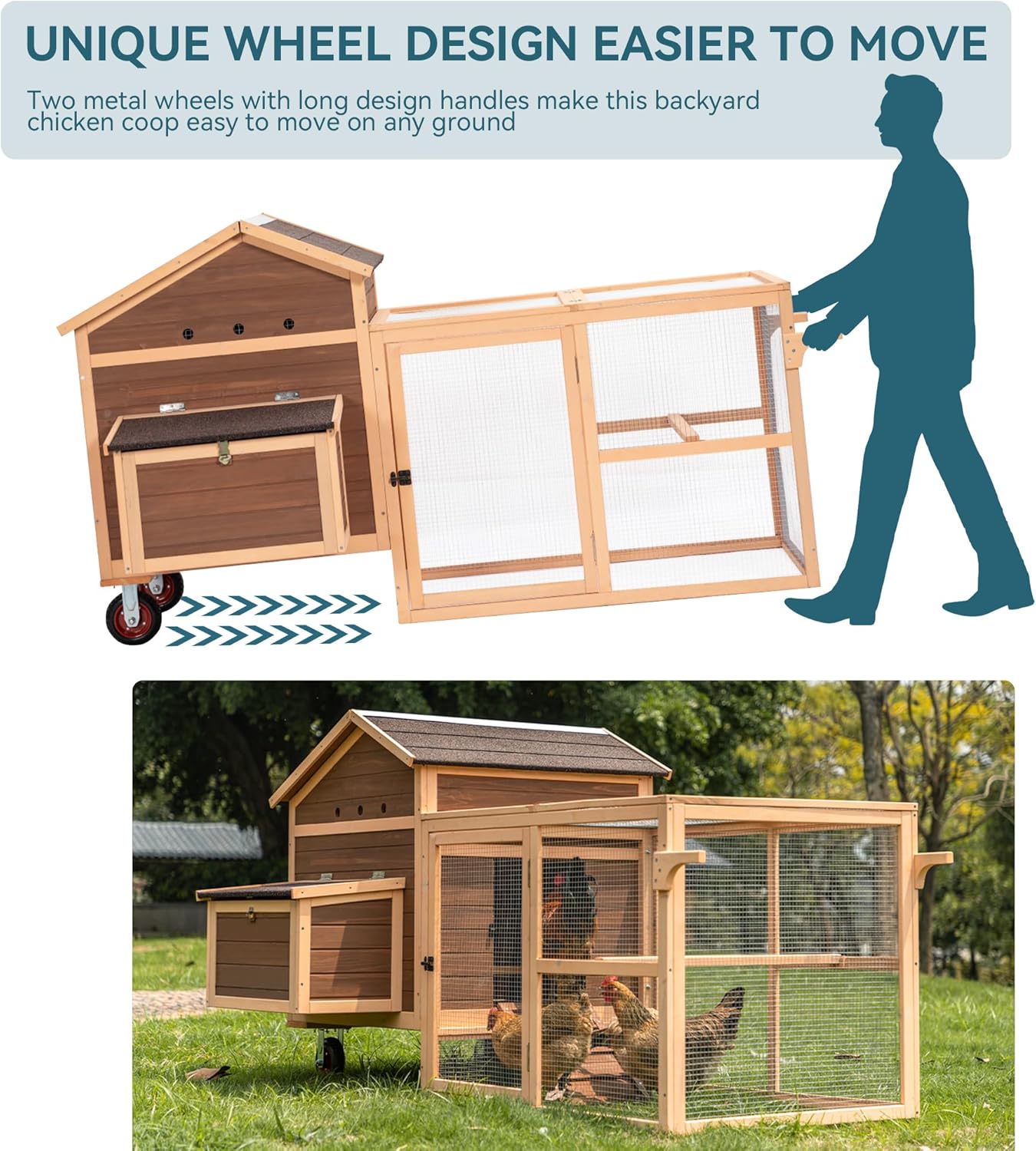 PETSFIT Large Chicken Coop Tractor 81" Hen House Suitable for 4-8 Chickens, Outdoor Waterproof Poultry Cage with Nesting Box/Wheels-5 Access Areas & Pull Out Tray for Easy Cleaning