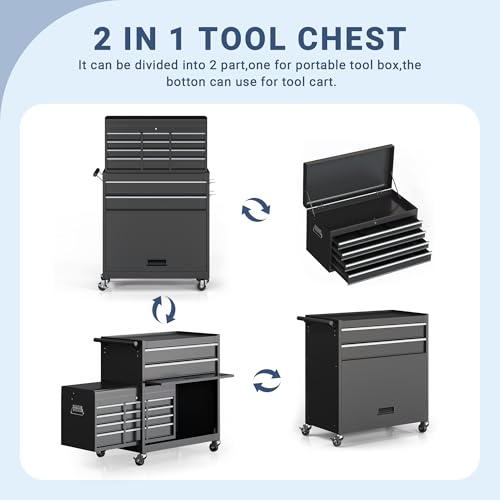 Tool Chest,5-Drawer Rolling Tool Storage Cabinet with Enhanced Packaging, Detachable Top Tool Box, Metal Tool Cart for Garage Workshop,Black, ATC001BK