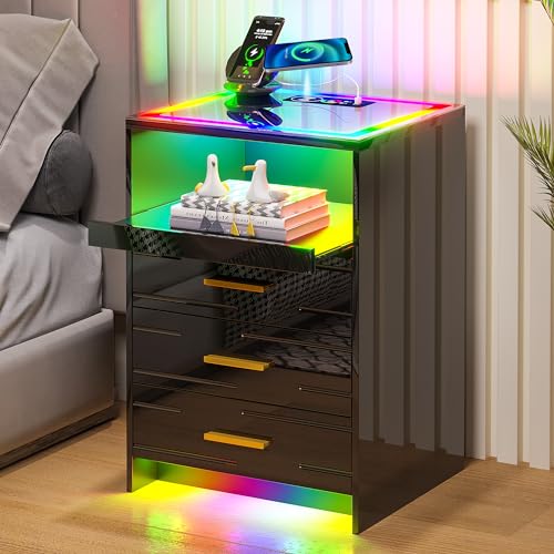 HNEBC RGB LED Nightstand with Wireless Charging Station, Smart Night Stand with 3 Drawers and Sliding Tray, Modern Bedside Table for Bedroom Furniture, High Gloss End Sofa Tables (B Black)