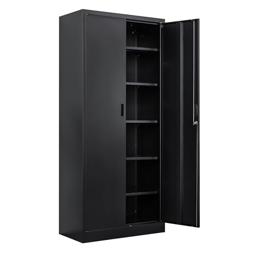 Metal Storage Cabinet, 71" H Locking Cabinet with 5 Adjustable Shelves for Garage, Classroom, School, Home, Office, Pantry-Black