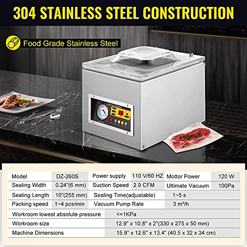 VEVOR Chamber Vacuum Sealer DZ-260C Kitchen Food Chamber Vacuum Sealer, 110V Packaging Machine Sealer for Food Saver, Home, Commercial Using