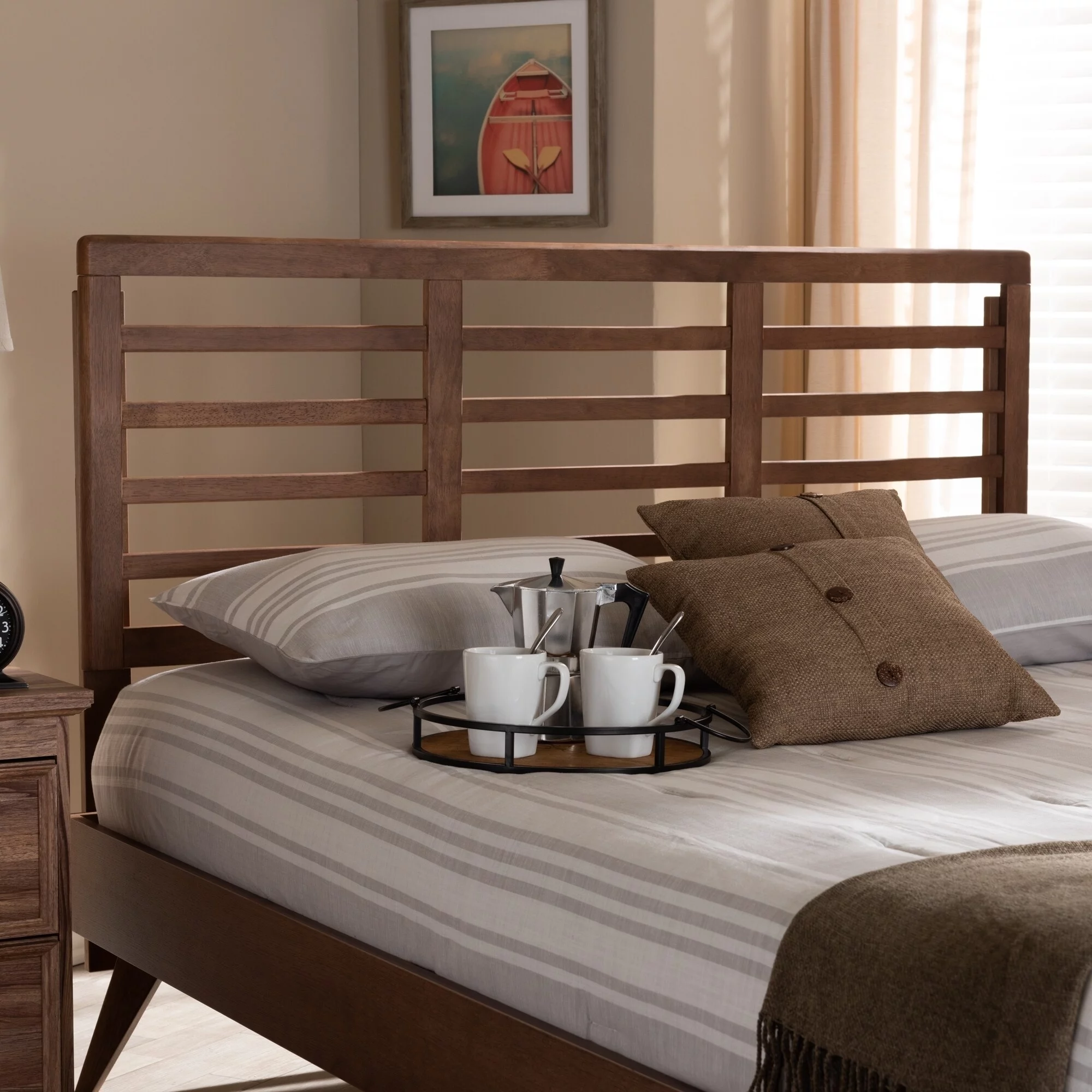 Baxton Studio Mid-Century Walnut Wood Open Slat Headboard Queen