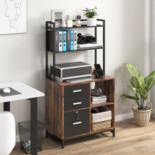 File Cabinet with Charging Station, 3 Drawer Filing Cabinet with Bookshelf, Large Printer Stand with Open Storage Shelves for Home Office, Locking File Cabinets Fits Letter/A4 Size, Brown
