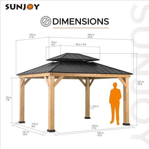 Sunjoy Wood Gazebo with Double Steel Hardtop Roof for Garden, Backyard Shade