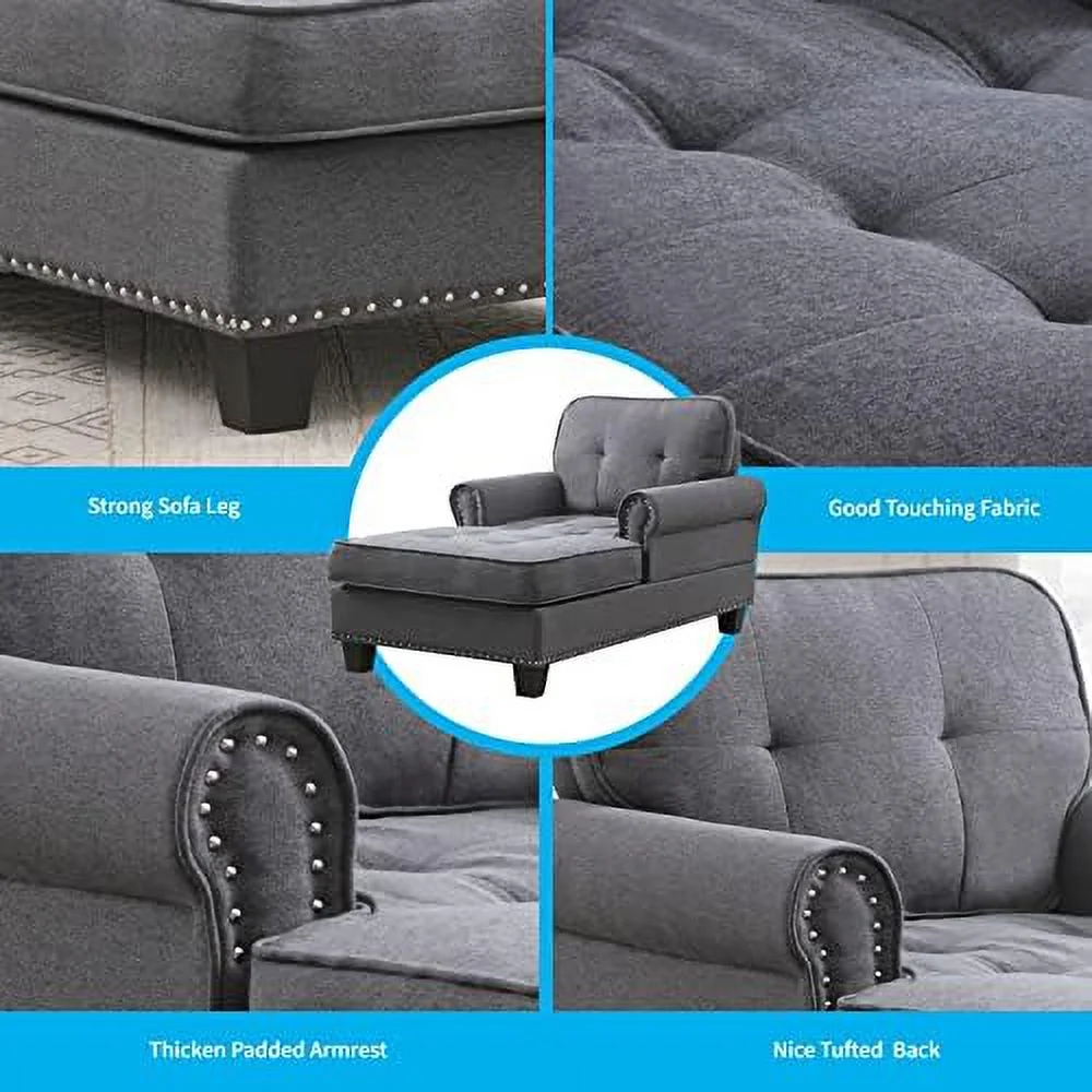 RUNFAYBIU Chaise Lounge Sofa Couch Linen Chaise Sofa Bed Bench with Tufted Back  Mid-Century Sleeper Sofa Chair Bed for Small Place/Apartment/Living Room/Office/Studio (Dark Gray)
