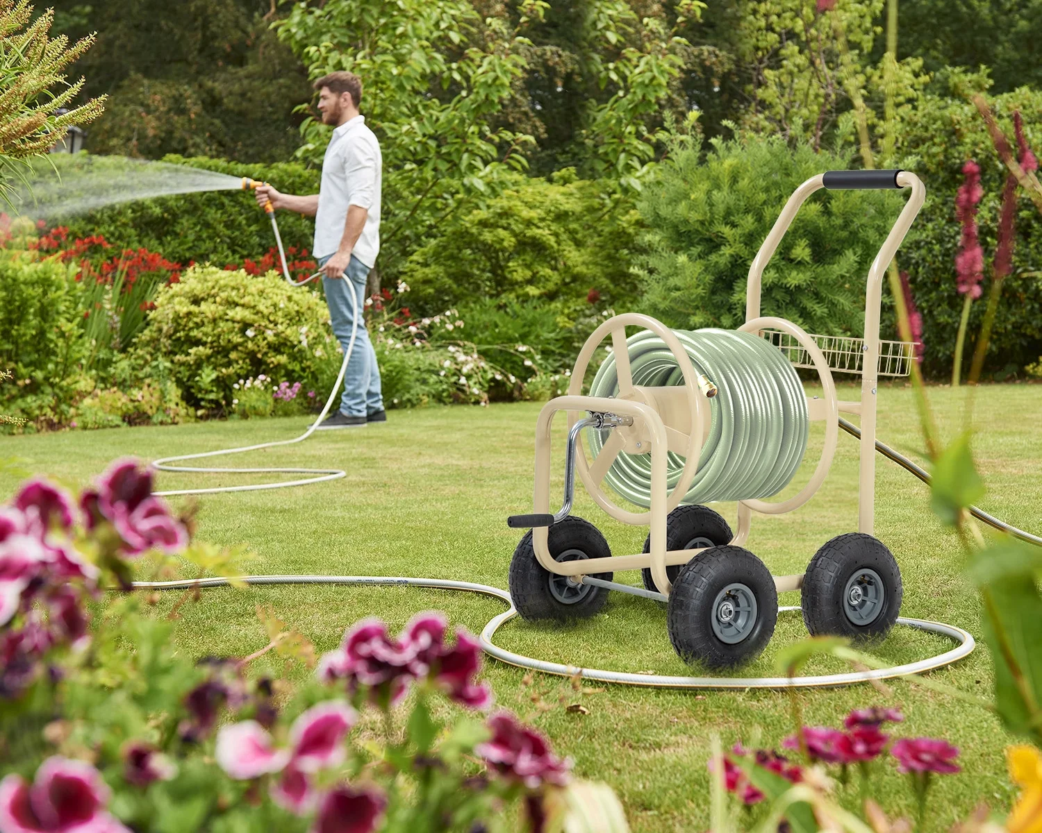 Garden Hose Reel Cart with Wheels, Water Hose Reel Cart Heavy Duty Hose Reel Holds 300-Feet of 5/8-Inch Hose Metal Hose Reels for Outdoor Yard Lawn Water Truck Planting Cart with Storage Basket, Tan