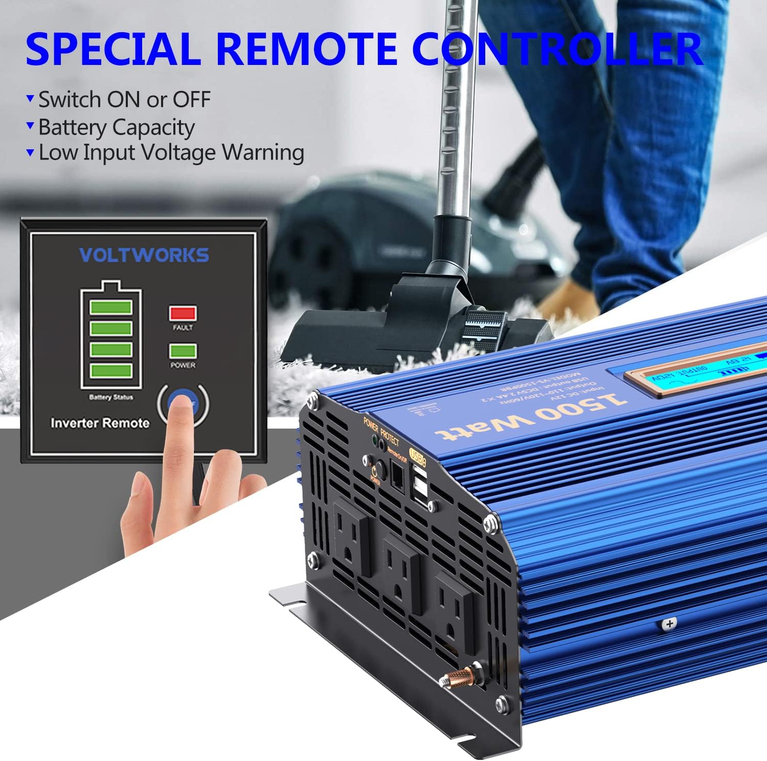 VOLTWORKS 600 Watts Pure Sine Wave Power Inverter 600w DC 12V to AC 110V 120V with Dual 2.4A USB Port & LCD Display Two AC Outlets for Car Truck RV