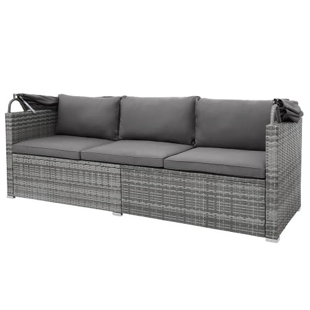 Churanty 5 Pieces Outdoor Conversation Wicker Furniture Set Sectional Patio Rattan Sofa Set Rattan Daybed with Canopy and Glass Side Table, Gray