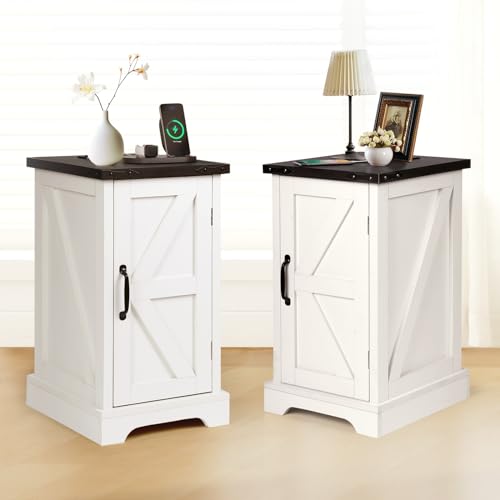 VOWNER 2PCS Farmhouse Nightstand with Charging Station, 17" Rectangular End Table with Barn Door, Wood Rustic Sofa Side Table for Living Room, Bedroom, White