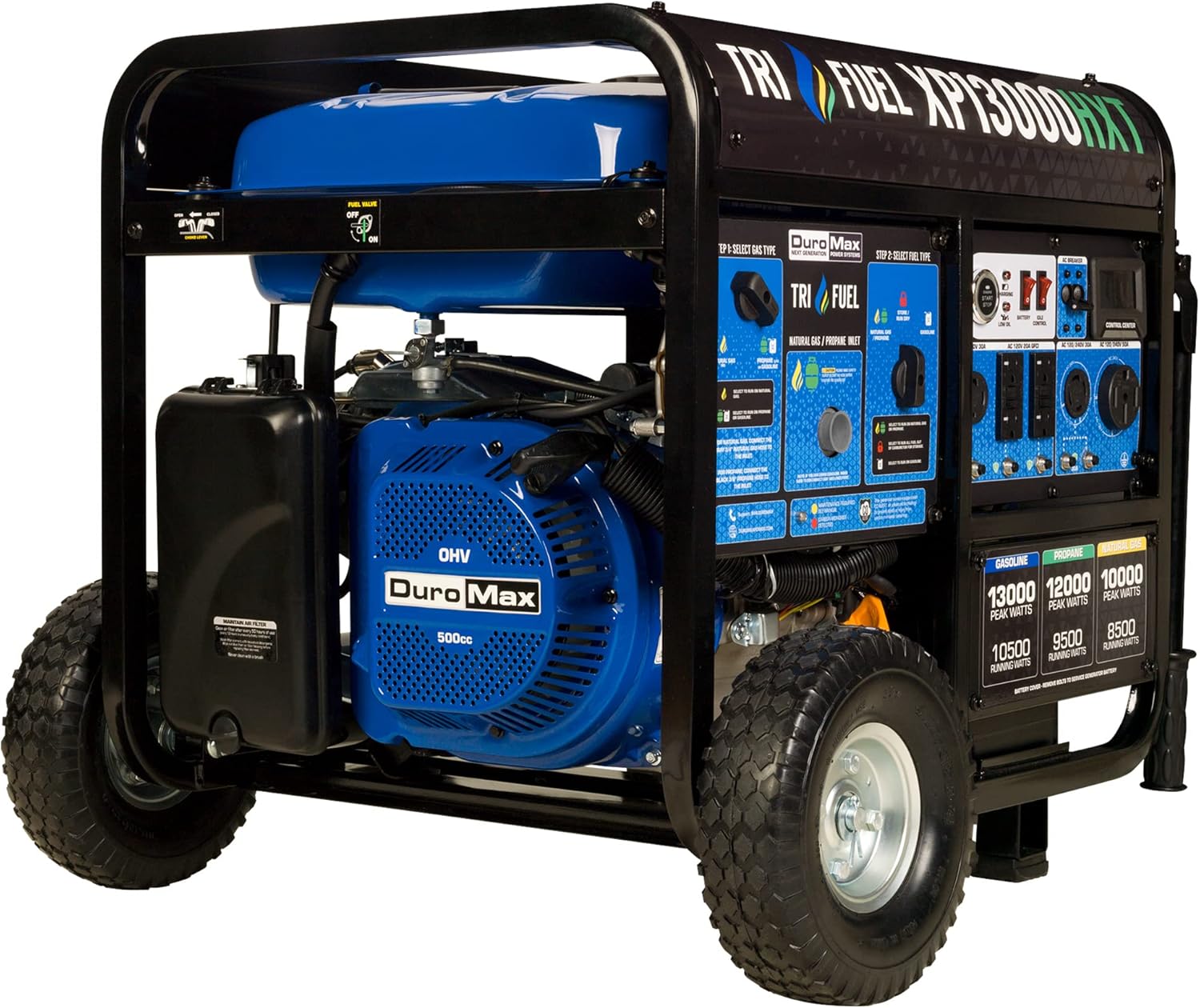 DuroMax XP5500HX Dual Fuel Portable Generator-5500 Watt Gas or Propane Powered Electric Start w/CO Alert, 50 State Approved, Blue