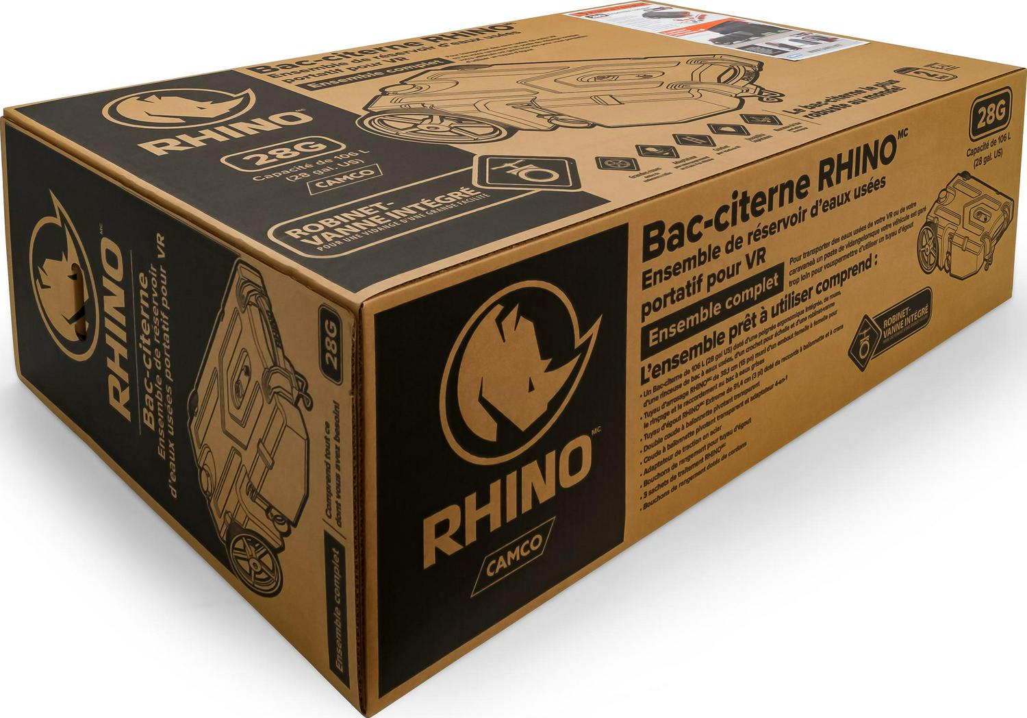 Camco Rhino Heavy Duty 28 Gallon Portable RV Waste Holding Tank with Hose and Accessories ?Durable Leak Free and Odorless RV Tote Tank (39004)