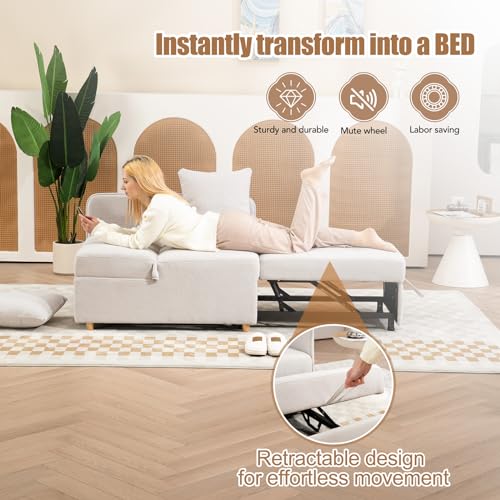 3-in-1 Sleeper Sofa Chair Bed,3-Seat Linen Fabric Loveseat Sofa,Convertible Sofa Bed with 2 Throw Pillows for Living Room,Apartment Small Space (Beige)
