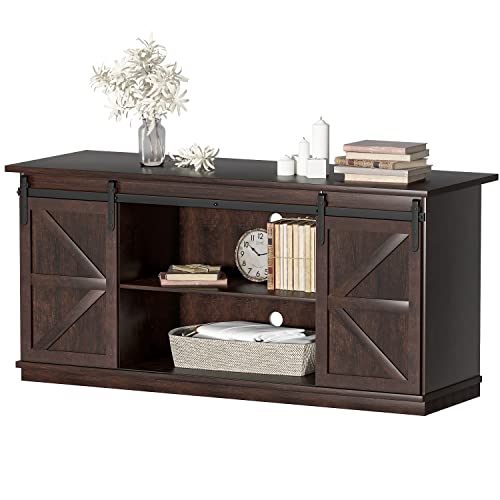 YESHOMY Farmhouse TV Stand for Televisions up to 65 Inches, Sliding Barn Doors and Storage Cabinets, Console Table and Media Furniture for Living Room, 58 Inch, Milk White