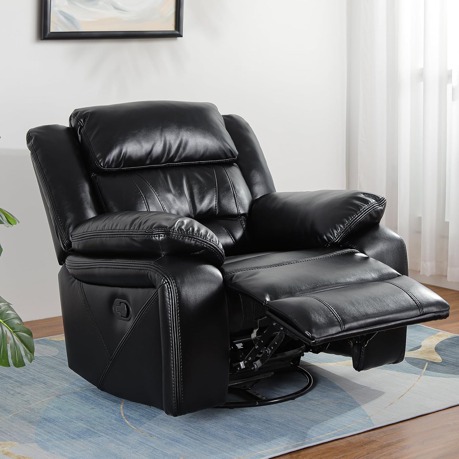 Swivel Rocker Recliner Chair, Glider Rocking Recliner Leather Lazy Boy Recliners Chair for Small Spaces, PU Faux Manual Reclining Chair for Living Room Bedroom RV Nursery Black