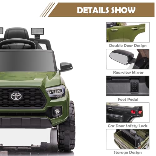 12V Kids Ride on Truck, Licensed Toyota Tacoma Battery Powered Motorized Electric Vehicle Car for Kids, with Remote Control, 3 Speeds, MP3, Horn, LED Lights, Suspension System, Black