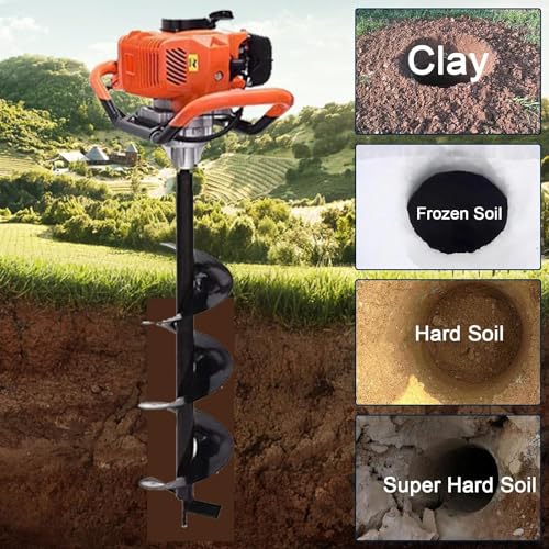 72cc Post Hole Digger, 2200W Post Hole Digger, Gas Powered Earth Auger Digger with Three Drill Bit 4" & 6" & 8" and Three Extension Rods 8" 12" 20" for Fence, Farmland, Garden and Plant