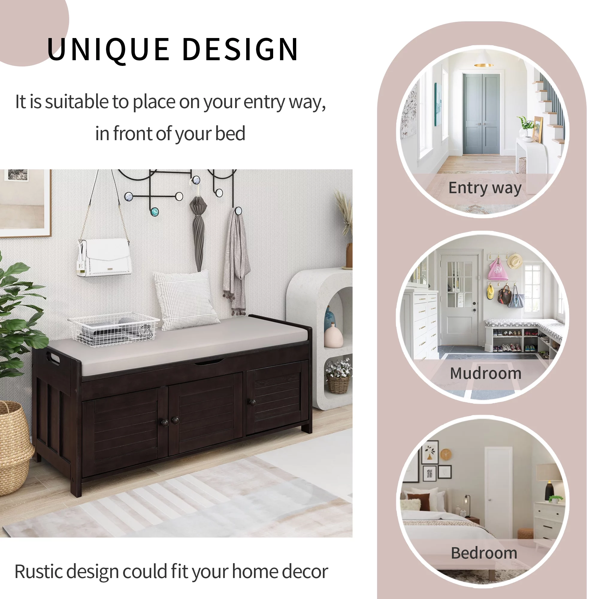 Home Entryway Storage Bench with Removable Cushion, 43.5” Wooden Shoe Storage Bench with 3 Doors, Bench Seat with Hidden Storage and Cushion, Espresso