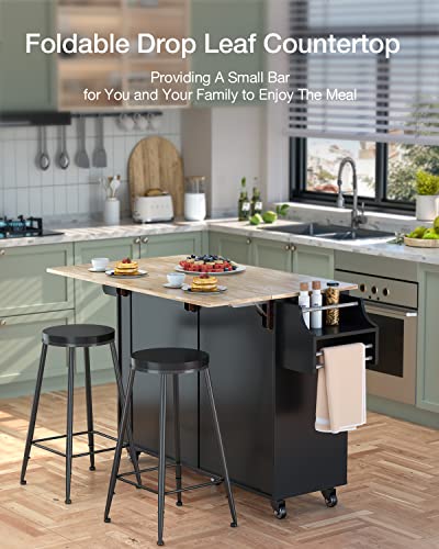 Kitchen Island with Drop Leaf and Storage, on Wheels Two Drawers, Large Storage Cabinet, Towel Rack Spice Cart Brown