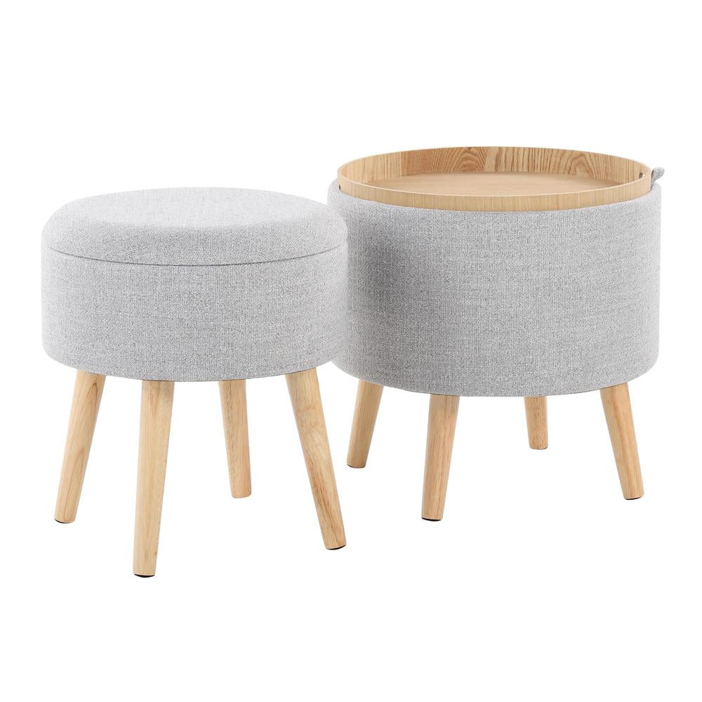Lumisource Tray Contemporary Storage Ottoman with Matching Stool in Light Grey Fabric and Natural Wood Legs