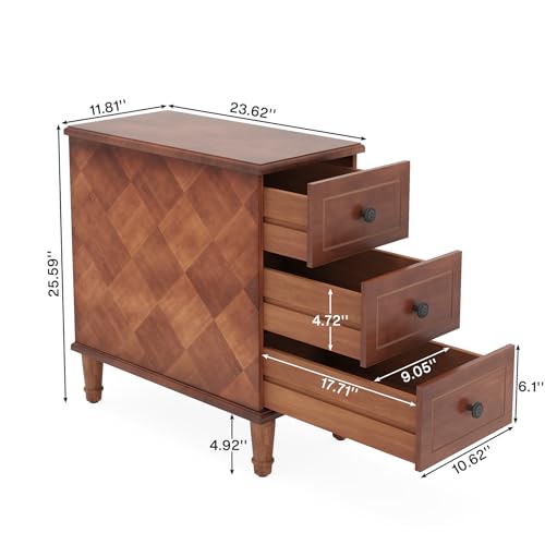 Fully Assembled End Table, Narrow Side Table with 3 Drawers, Pre-Assembled Nightstand Slim Bedside Table for Small Spaces, Living Room, Bedroom, Brown