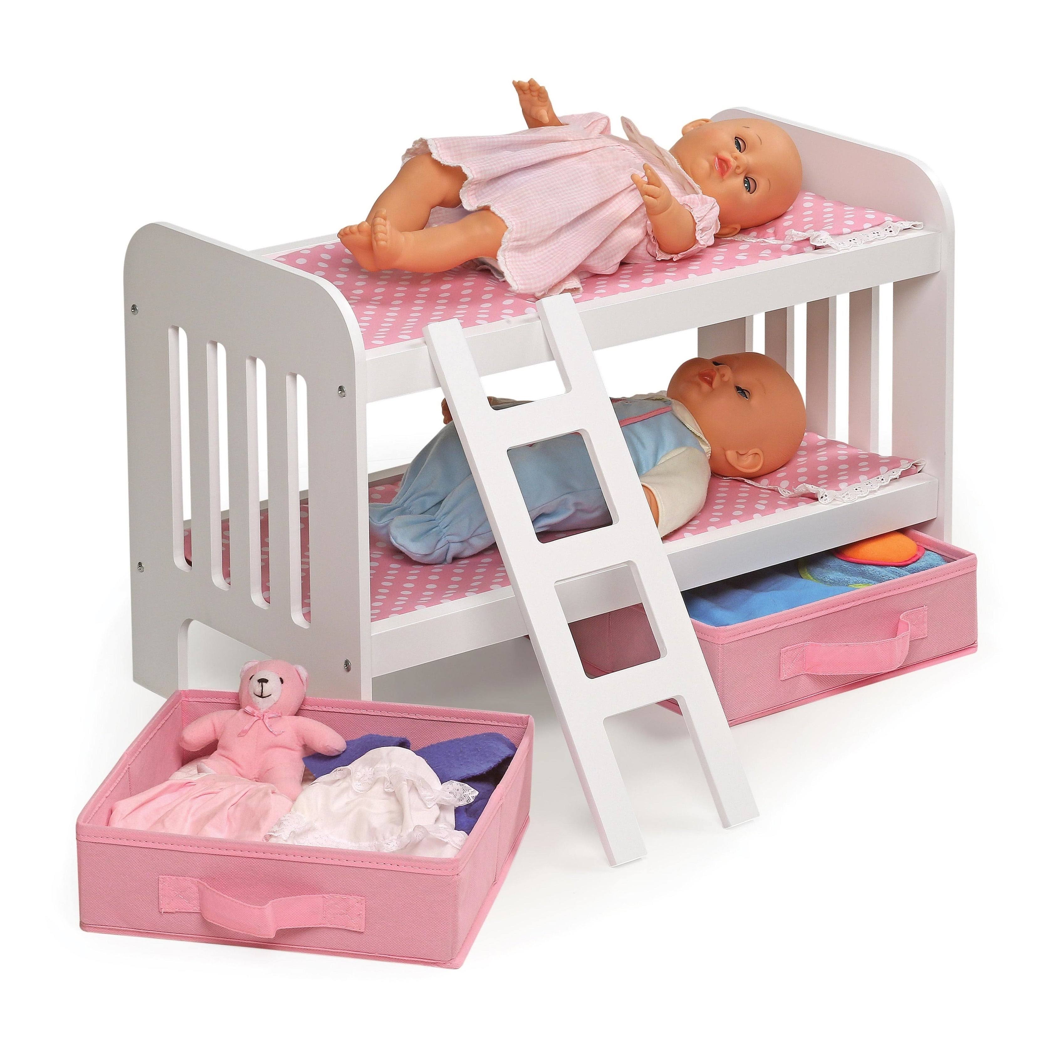 Badger Basket Doll Bunk Bed with Ladder and Two Storage Baskets - pink/polka Dot
